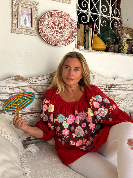 Salu Cotton Embroidered Blouse – Red multi -  AUROBELLE  IBIZA