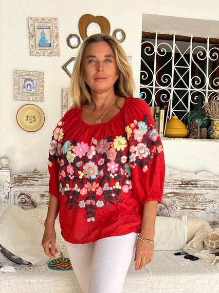 Salu Cotton Embroidered Blouse – Red multi