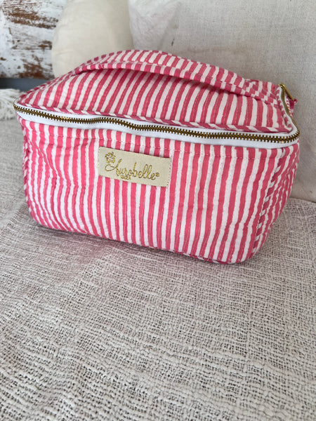 Aurobelle Hand Blockprint Cosmetic Bag – Large Travel Beauty Organizer4 pockets , pink striped