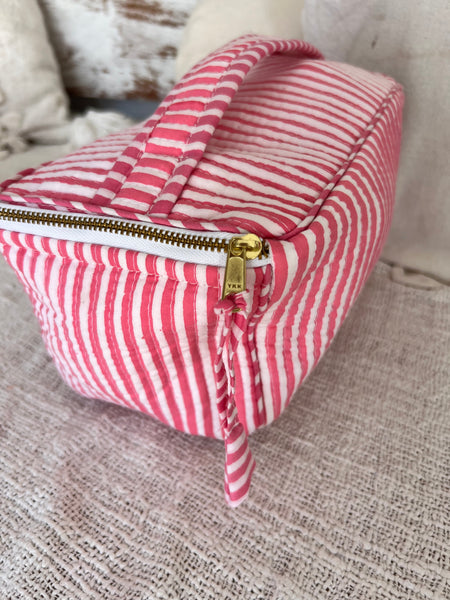 Aurobelle Hand Blockprint Cosmetic Bag – Large Travel Beauty Organizer4 pockets , pink striped