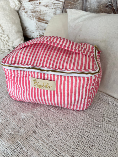Aurobelle Hand Blockprint Cosmetic Bag – Large Travel Beauty Organizer4 pockets , pink striped