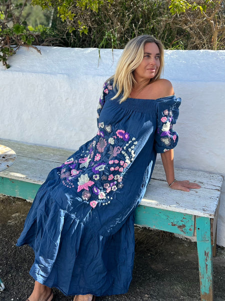 Blue Elastic Salu Embroidered Dress – Handcrafted in Thailand