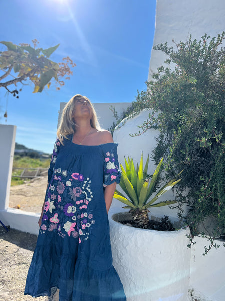 Blue Elastic Salu Embroidered Dress – Handcrafted in Thailand