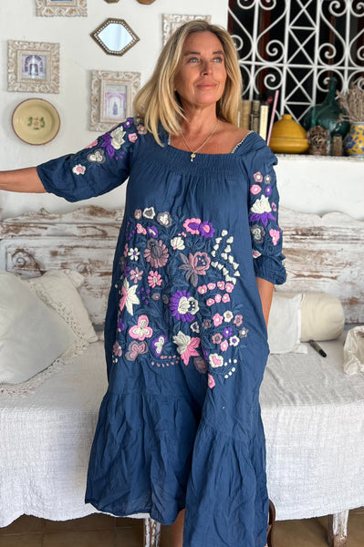 Blue Elastic Salu Embroidered Dress – Handcrafted in Thailand