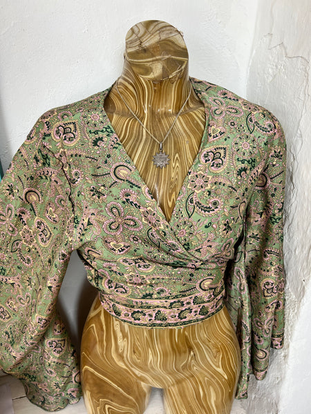 Bohemian  Wrap Top Print – Spiritual Festival Crop Blouse hippie wrap blouse Silky Green Paisley -  AUROBELLE  IBIZA