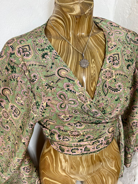 Bohemian  Wrap Top Print – Spiritual Festival Crop Blouse hippie wrap blouse Silky Green Paisley -  AUROBELLE  IBIZA