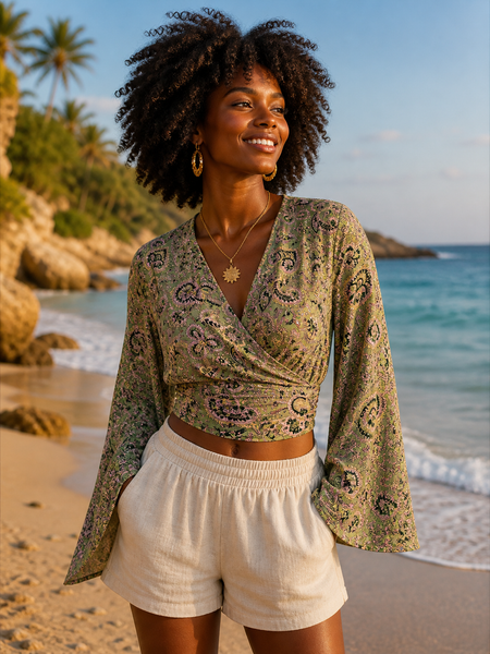 Bohemian  Wrap Top Print – Spiritual Festival Crop Blouse hippie wrap blouse Silky Green Paisley -  AUROBELLE  IBIZA