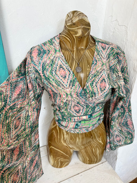 Bohemian  Wrap Top Print – Spiritual Festival Crop Blouse hippie wrap blouse Silky Green pucci -  AUROBELLE  IBIZA