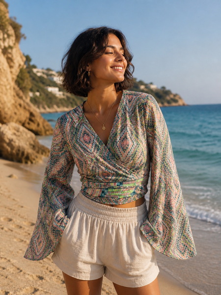 Bohemian  Wrap Top Print – Spiritual Festival Crop Blouse hippie wrap blouse Silky Green pucci -  AUROBELLE  IBIZA