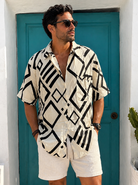 Uni sex shirt for Men or woman half sleeve in black white block print -  AUROBELLE  IBIZA