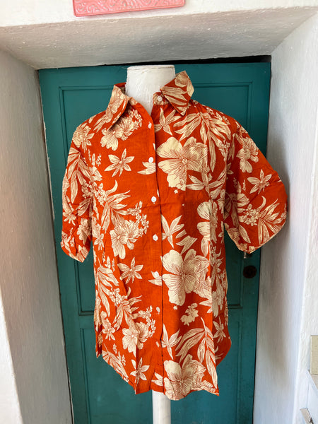 Uni sex shirt for Men or woman half sleeve in orange hawai print -  AUROBELLE  IBIZA