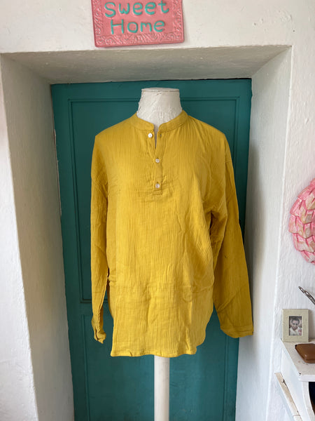 Kurta  for Men or woman long sleeve in yellow cotton gauze -  AUROBELLE  IBIZA