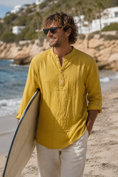 Kurta  for Men or woman long sleeve in yellow cotton gauze -  AUROBELLE  IBIZA