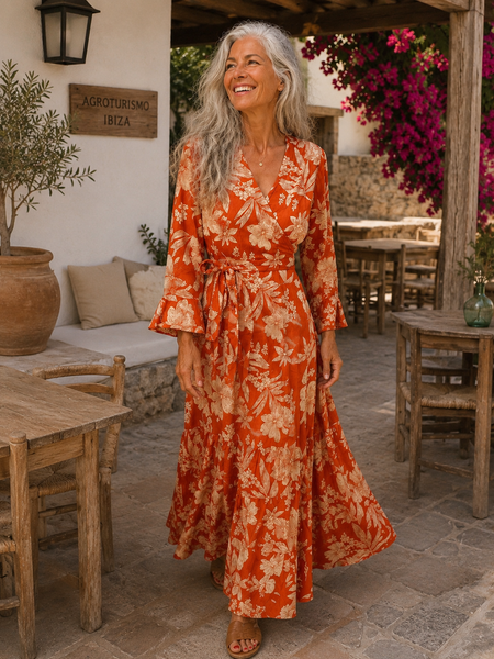 Wrap dress  orange flower power woman for over 50