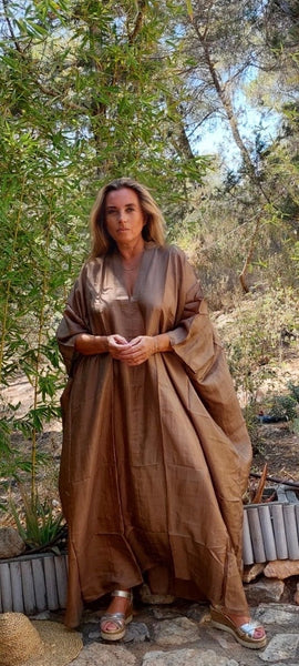 Exclusive luxury 100% organic Silk kaftan - free size in  light beige brown -  AUROBELLE  IBIZA