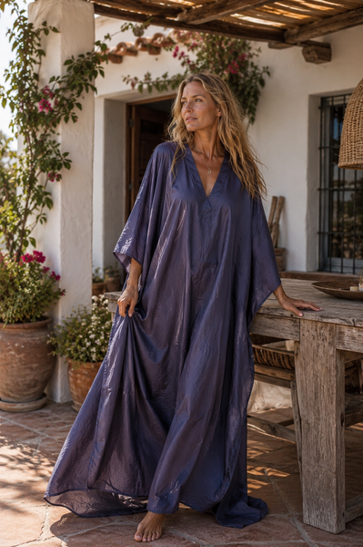 Exclusive luxury 100% organic Silk kaftan - free size in grey -  AUROBELLE  IBIZA
