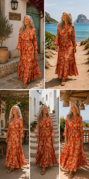Wrap dress  orange flower power woman for over 50 -  AUROBELLE  IBIZA