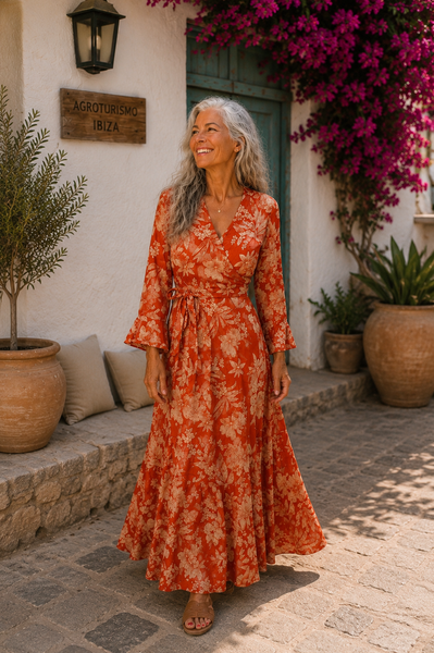 Wrap dress  orange flower power woman for over 50 -  AUROBELLE  IBIZA
