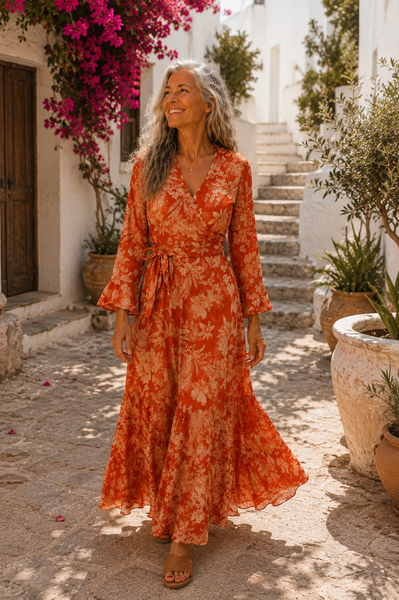 Wrap dress  orange flower power woman for over 50 -  AUROBELLE  IBIZA