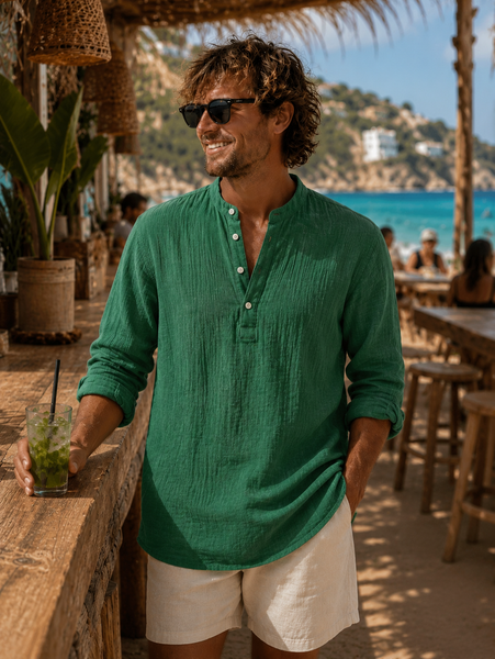 Kurta  for Men or woman long sleeve in grass green  cotton gauze -  AUROBELLE  IBIZA