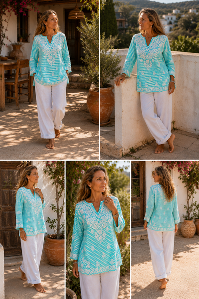 V neck kurta turquoise diamond -  AUROBELLE  IBIZA