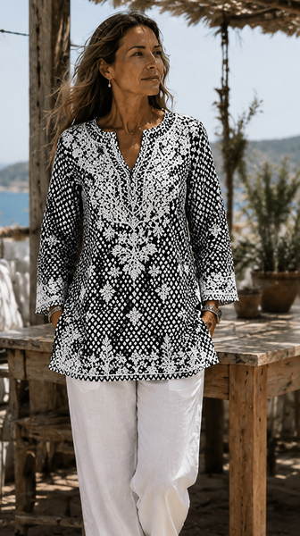 V neck kurta black and white diamond -  AUROBELLE  IBIZA