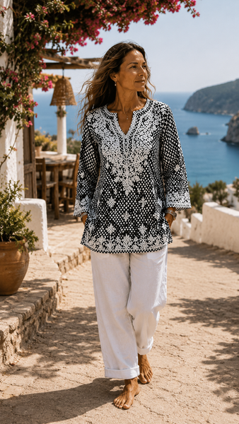V neck kurta black and white diamond -  AUROBELLE  IBIZA