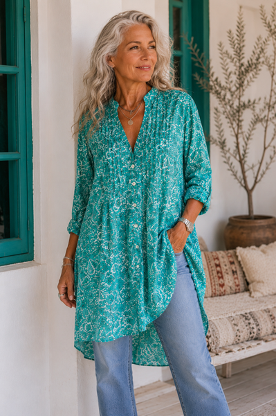 Brazilian  túnica made in blockprint in blue  and white -  AUROBELLE  IBIZA