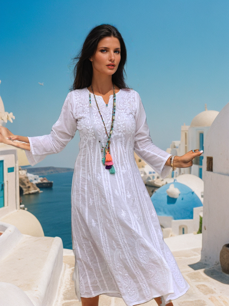 Anarkali white Ibiza boho chic  long cotton dress with hand embroidery, white kundalini  yoga dress , White Ibiza dress