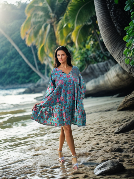 Boho dress short turquoise flower 🌺