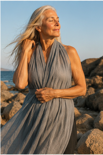 Mount Kailash grey cashmere shawl draped over the shoulders — Aurobelle Ibiza