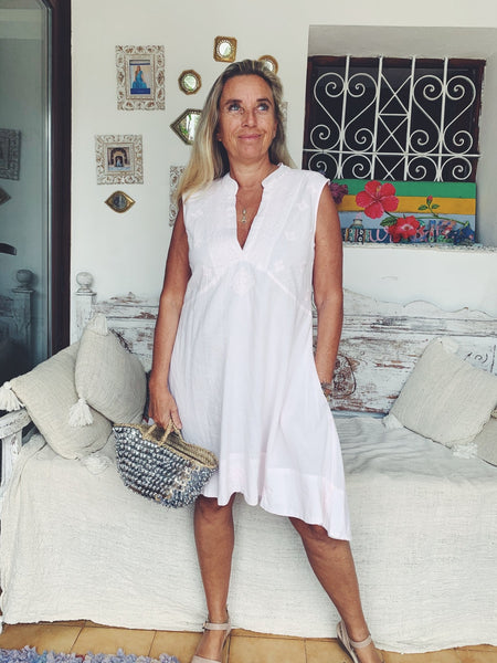 Aisha sleeveless light rose summer muslin cotton boho Ibiza dress with hand embroidery - AUROBELLE IBIZA