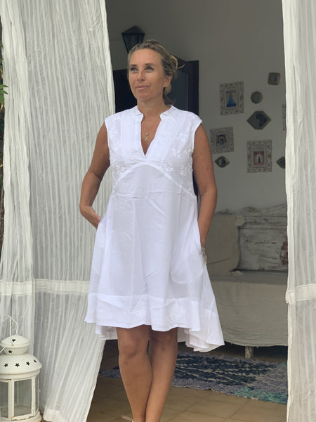 Aisha sleeveless white Ibiza summer dress with hand embroidery - AUROBELLE IBIZA