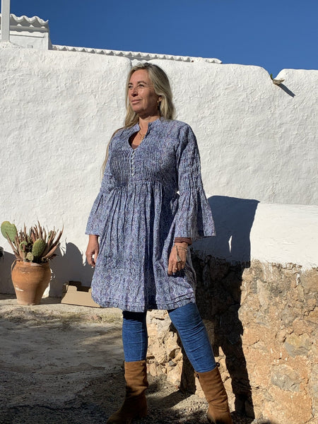 Ananda Jodhpur, blissful pleated boho tunica blouse, kurta , ibiza tunica, block printed organic cotton blouse - AUROBELLE IBIZA