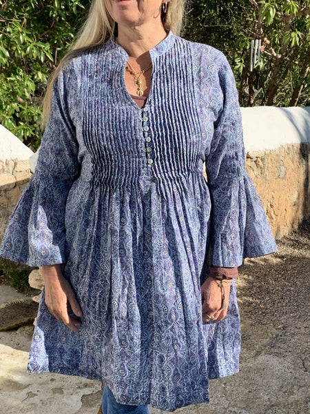 Ananda Jodhpur, blissful pleated boho tunica blouse, kurta , ibiza tunica, block printed organic cotton blouse - AUROBELLE IBIZA