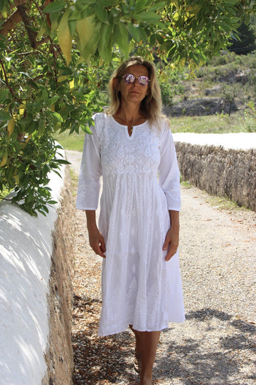 Anarkali white Ibiza boho chic long cotton dress with hand embroidery, – AUROBELLE IBIZA Anarkali white Ibiza boho chic long cotton dress with hand embroidery, – AUROBELLE IBIZA