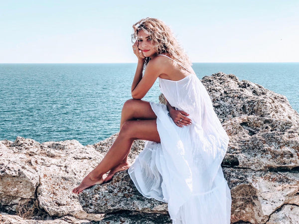 Aparna Ibiza bohemian maxi long super soft dress , white summer maxi organic muslin cotton dream - AUROBELLE IBIZA