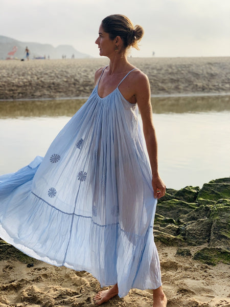 Aparna sexy boho open back free flow muslin cotton dress in pastel light blue summer maxi dream - AUROBELLE IBIZA