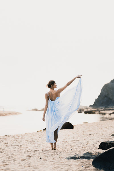 Aparna sexy boho open back free flow muslin cotton dress in pastel light blue summer maxi dream - AUROBELLE IBIZA