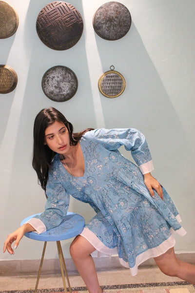 Baby doll sweet Jodhpur turquoise block print dress -  AUROBELLE  IBIZA