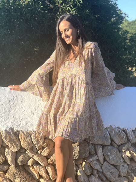 Byron bay short sunny light yellow block print dress -  AUROBELLE  IBIZA