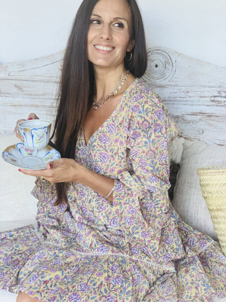 Byron bay short sunny light yellow block print dress -  AUROBELLE  IBIZA