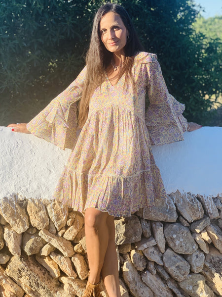 Byron bay short sunny light yellow block print dress -  AUROBELLE  IBIZA