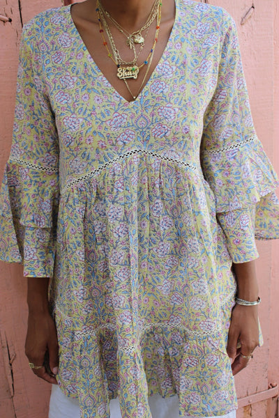 Byron bay short sunny light yellow block print dress -  AUROBELLE  IBIZA