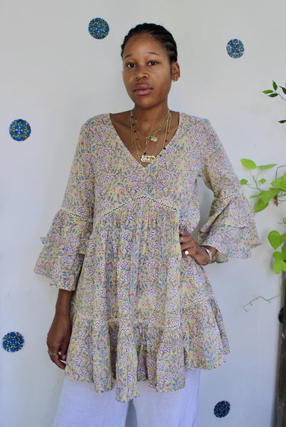 Byron bay short sunny light yellow block print dress -  AUROBELLE  IBIZA