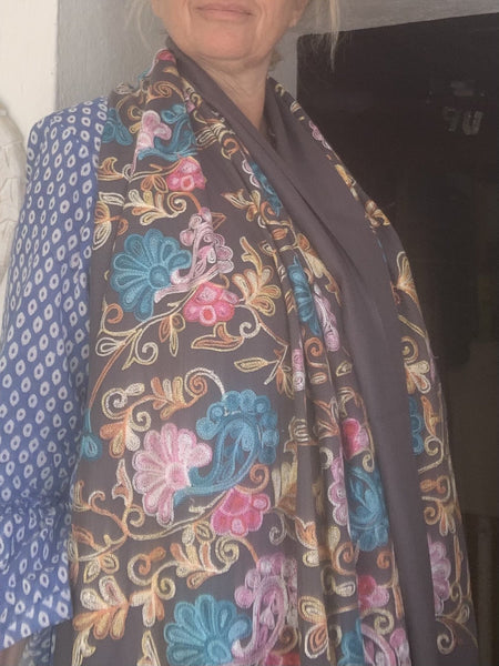 cashmere wool shawl with handmade embroidery peakok beautiful - AUROBELLE IBIZA