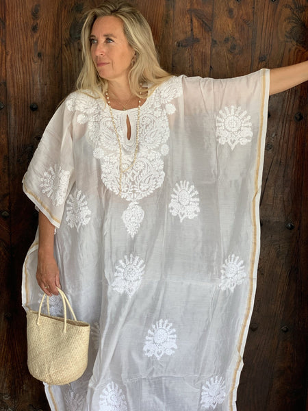 Chanderi silk kaftan Colour off white with hand embroidery plus-size - AUROBELLE IBIZA