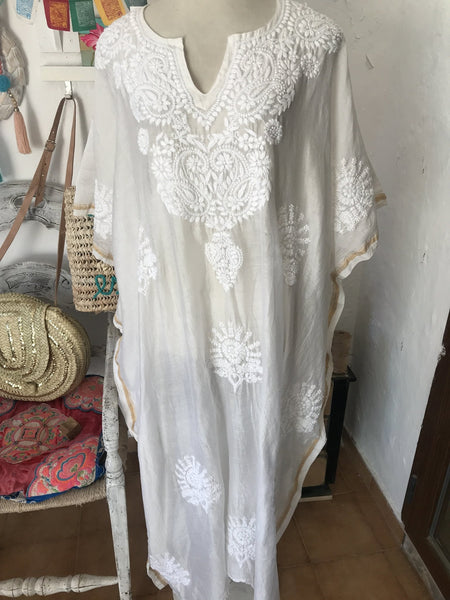 Chanderi silk kaftan Colour off white with hand embroidery plus-size - AUROBELLE IBIZA