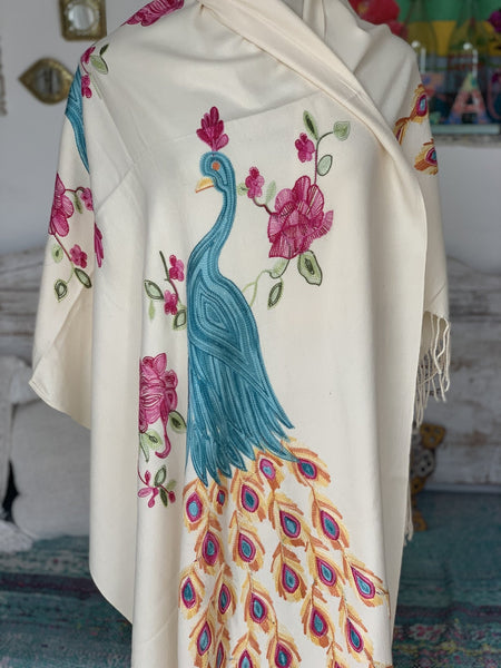 Cosy cashmere wool shawl colour off white with handmade embroidery peakok beautiful - AUROBELLE IBIZA