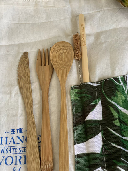 Eco friendly cutlery and bamboo straw travel set , sustainable and practical. Jungle green -  AUROBELLE  IBIZA